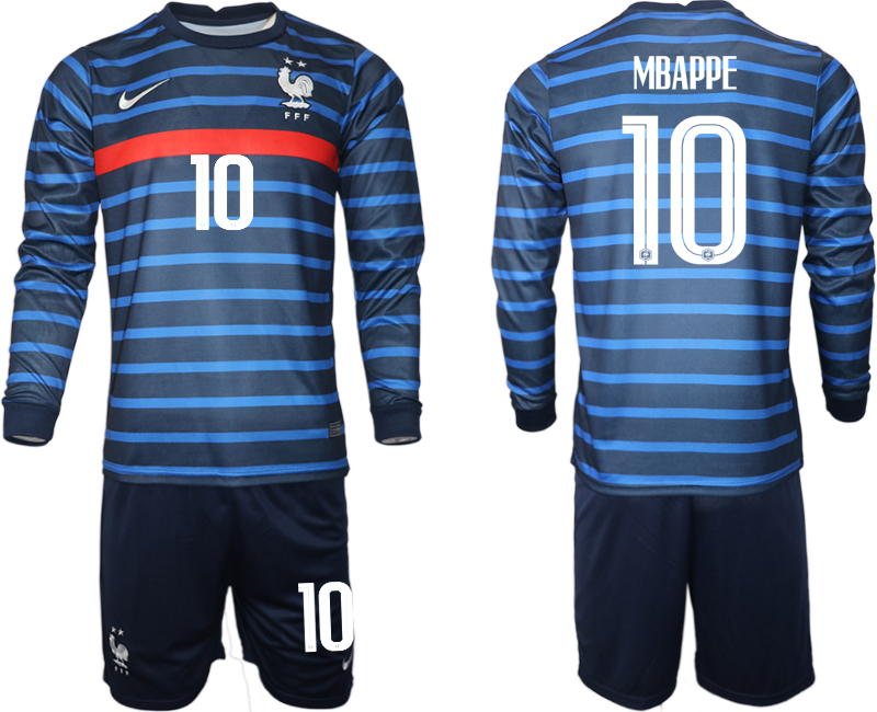 Men 2021 European Cup France home blue Long sleeve #10 Soccer Jersey